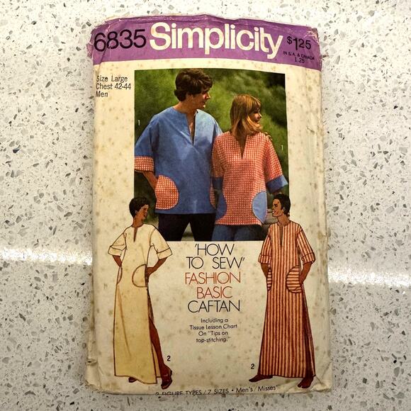 Vintage 1970s Simplicity 6835 Sewing Pattern Mens Size Lg Caftan Tunic COMPLETE - Picture 1 of 2